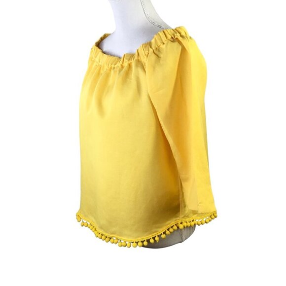 Joan Vass New York NWT Linen Top Off Shoulder Pom Poms Size M Yellow 3/4 Sleeve - Picture 4 of 9